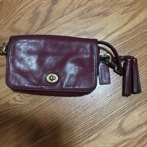Womens Burgundy Leather Crossbody Wallet with Tassel